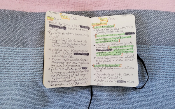 [ID: one more image of tiny notebook, now open to notes further along in the notebook. The writing is straighter but no less loopy, and highlighted words and different colored ink are scattered throughout, especially on the second page. End ID.]